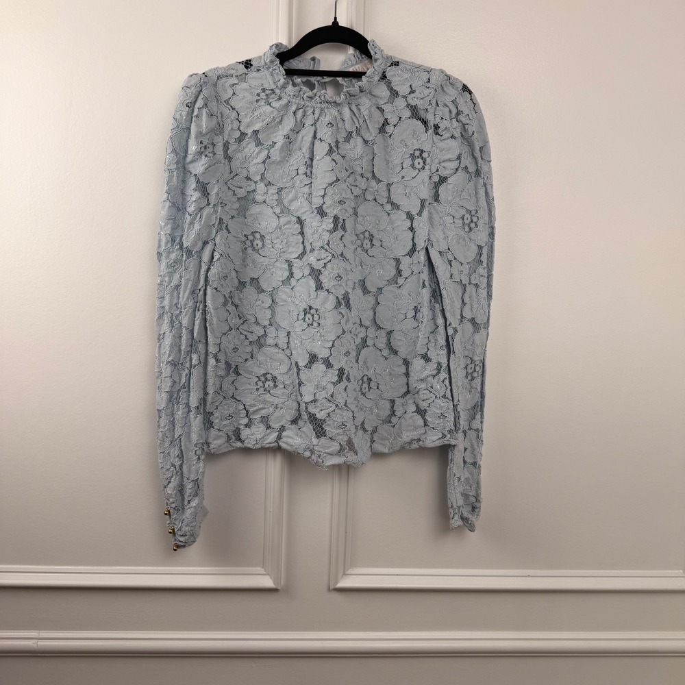 WAYF‎ Womens Light Blue Floral Lace Ruffle High Neck Keyhole Back Blouse Small